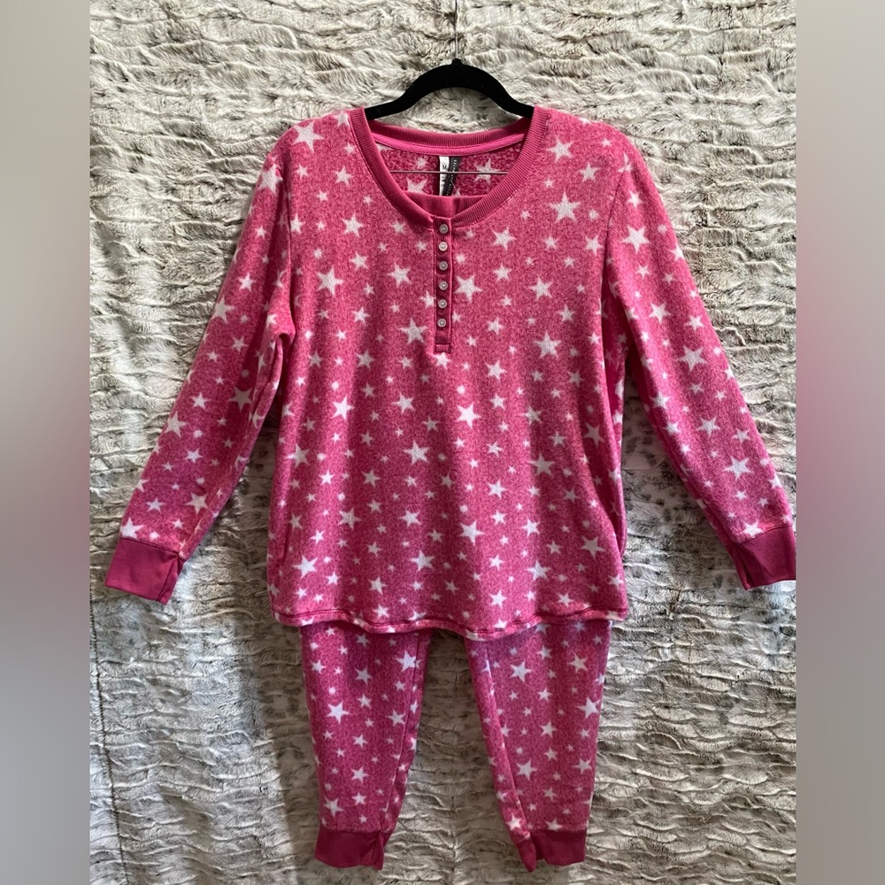 Jaclyn Intimates Womens Small Star Print Fleece Henley Top & Jogger Pant Set